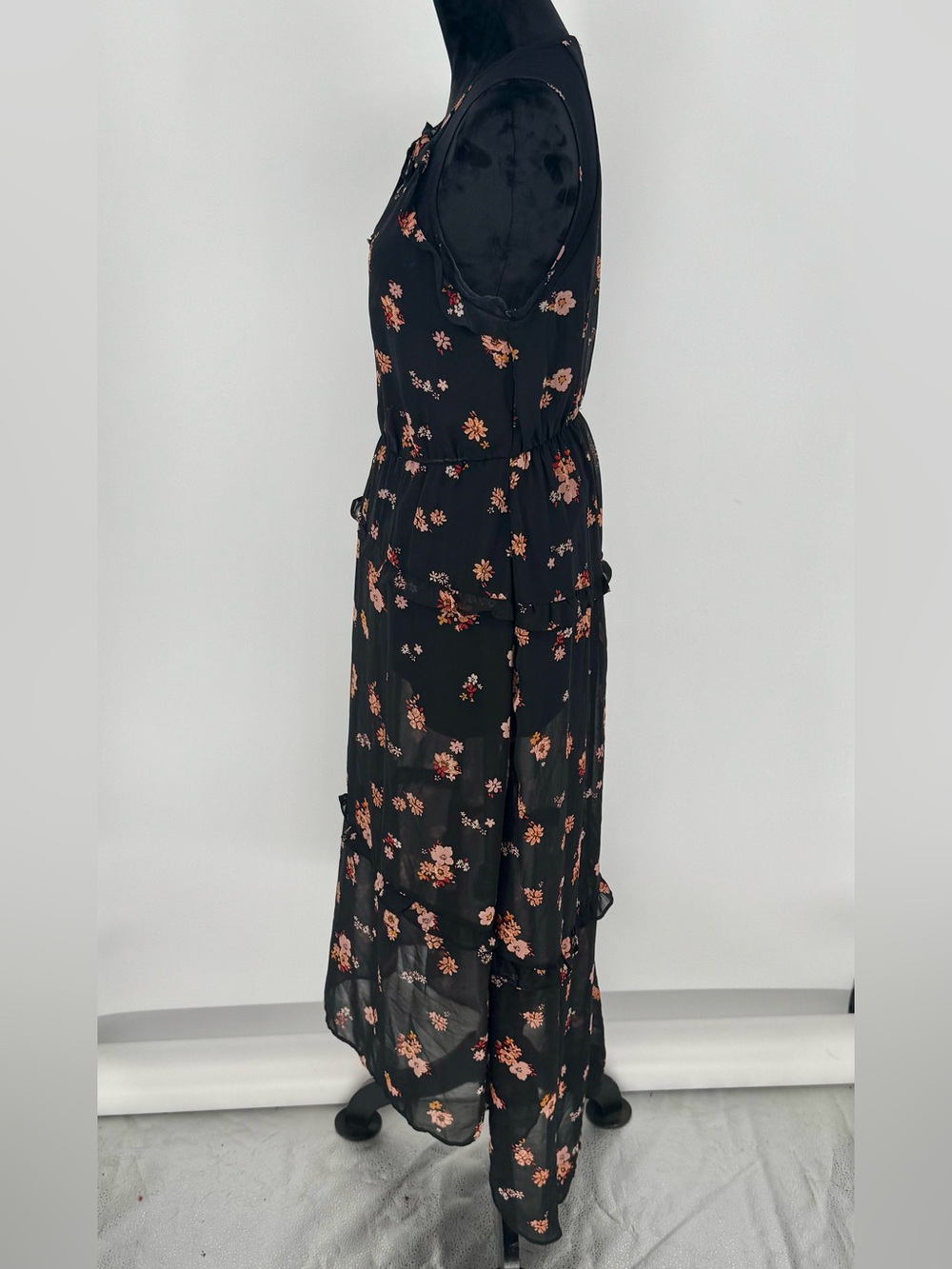 Xhilaration Size M Black Peach Floral Maxi Sleeveless Lined Dress High Low - Picture 4 of 14